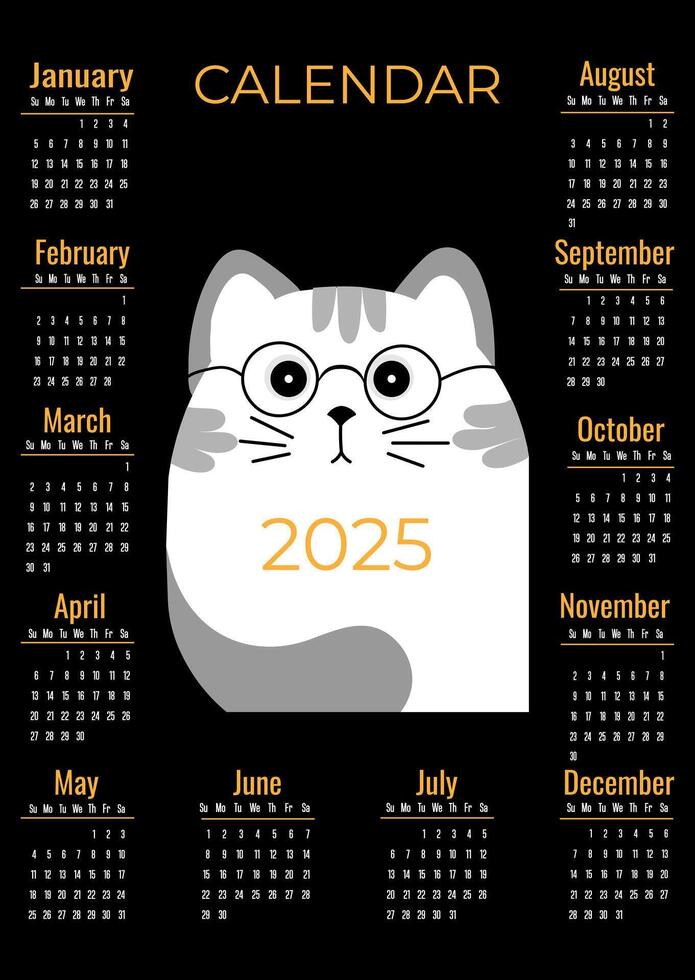 Calendar for 2025 with cute white cat on black background. Week starts on Sunday. Illustration in vertical format A4, A5. vector