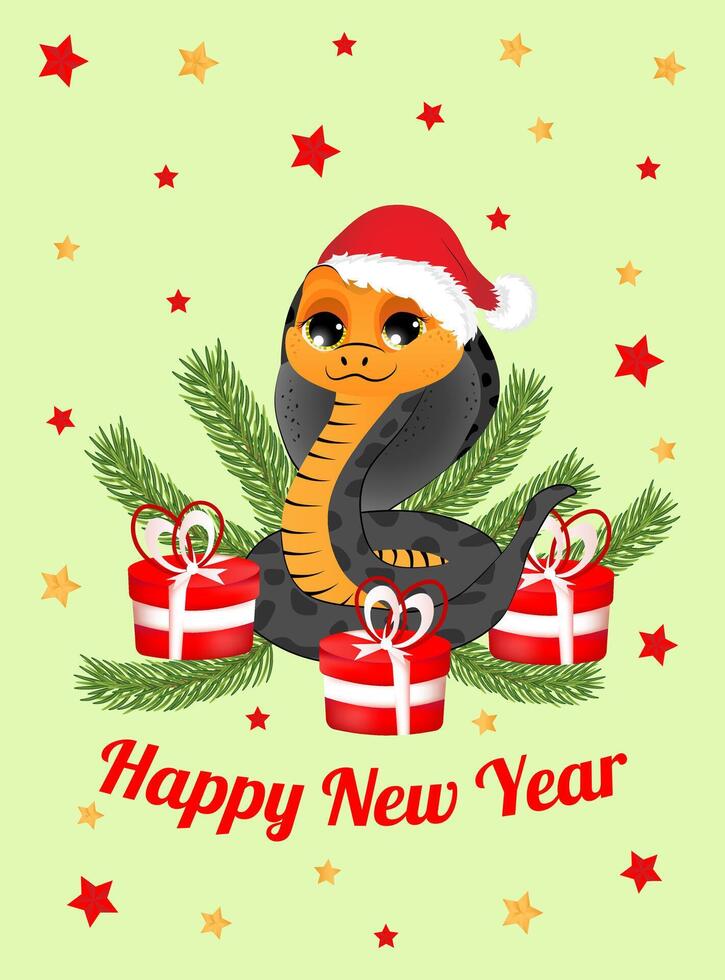 New year greeting card with symbol of the 2025 year. Cute snake with gifts on green background. Design for print, poster, social media communication. vector