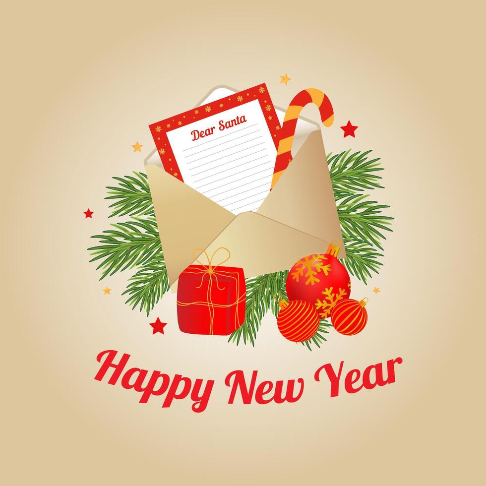 Greeting card with Christmas envelope, gift, letter for Santa Claus. Holiday new year decoration template. vector