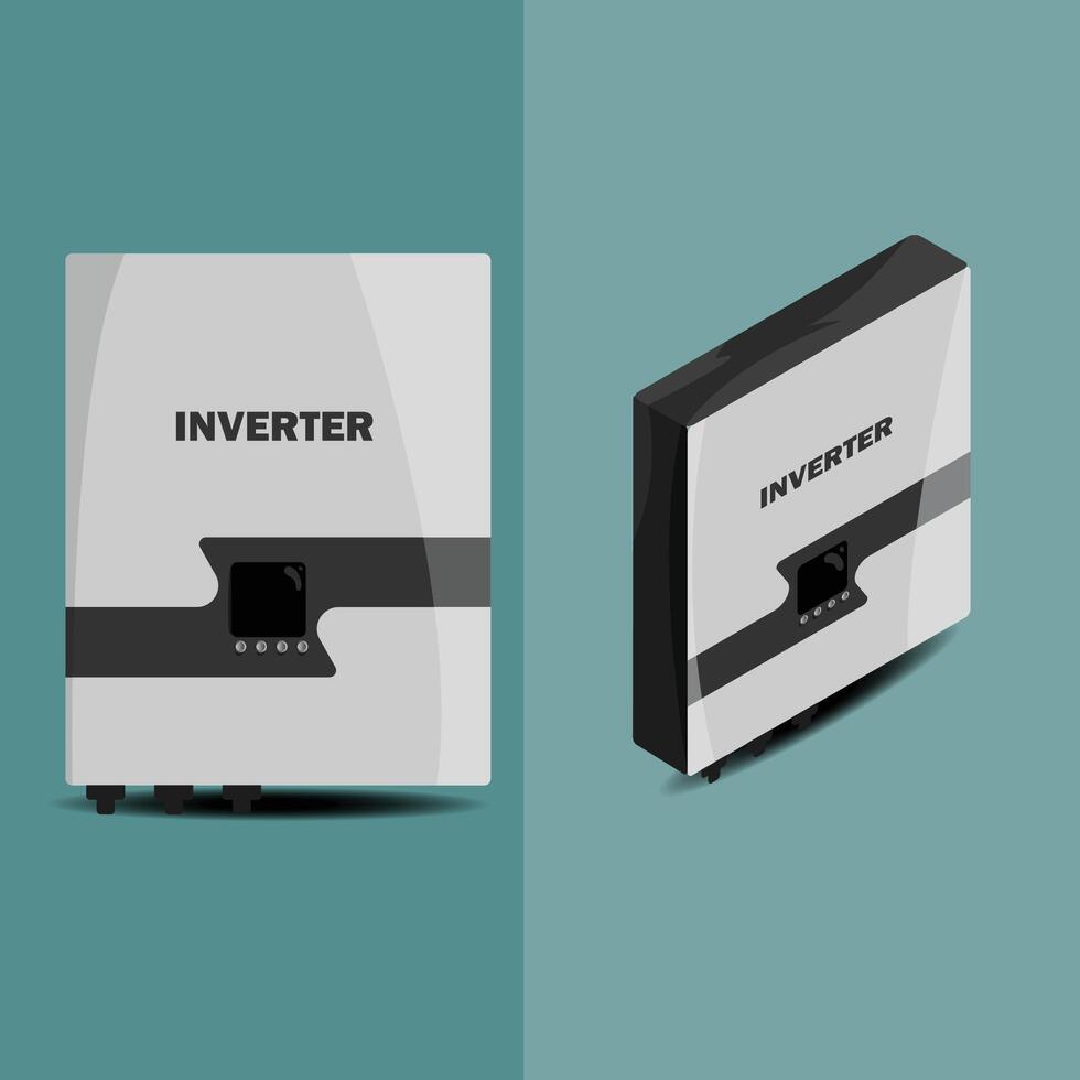Modern solar inverters showcased in sleek, minimalistic designs. Essential for converting solar energy to usable electricity. Perfect for solar power systems and renewable energy setups. vector