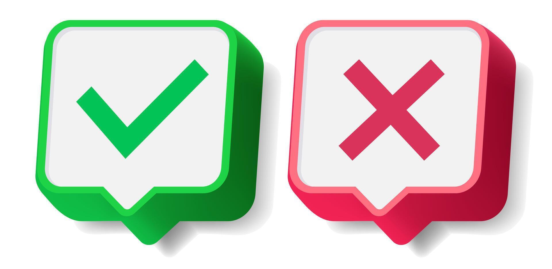 Check mark and cross button set 3d style vector