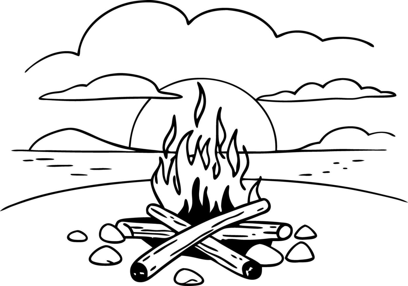 Campfire on Beach at Sunset Illustration with Calm Ocean and Clouds vector