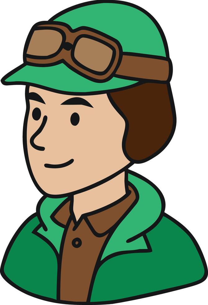 Cartoon Aviator Pilot with Goggles Smiling in Green Cap and Jacket Art vector