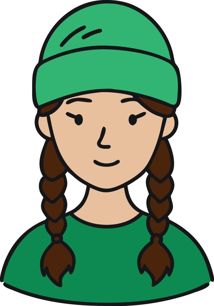 Cartoon Girl in Green Hat with Braids Smiling Illustration vector