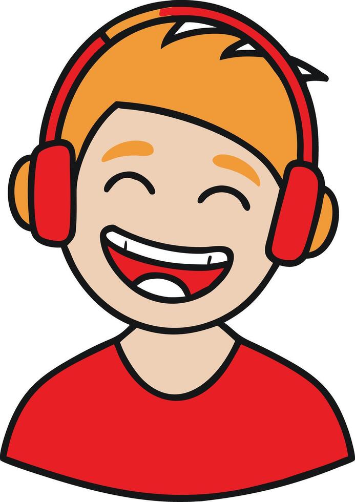 Cartoon Happy Child Listening to Music with Red Headphones vector