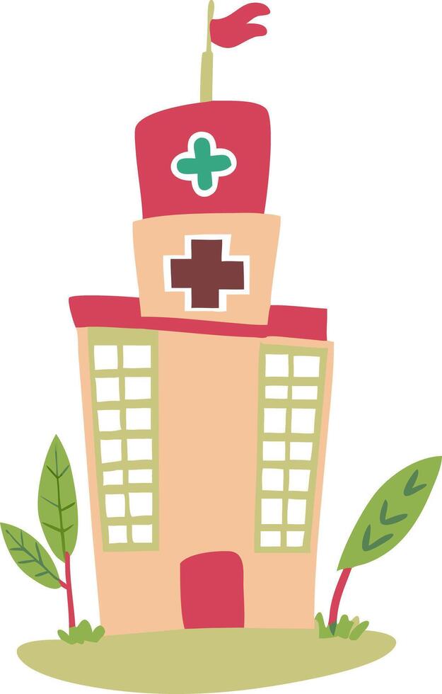 Cartoon Hospital Building Illustration with Medical Symbols and Greenery vector