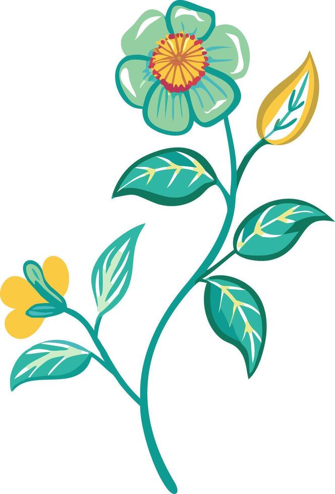 Colorful Floral Art Featuring Green Leaves and Yellow Bud on Grey Background vector