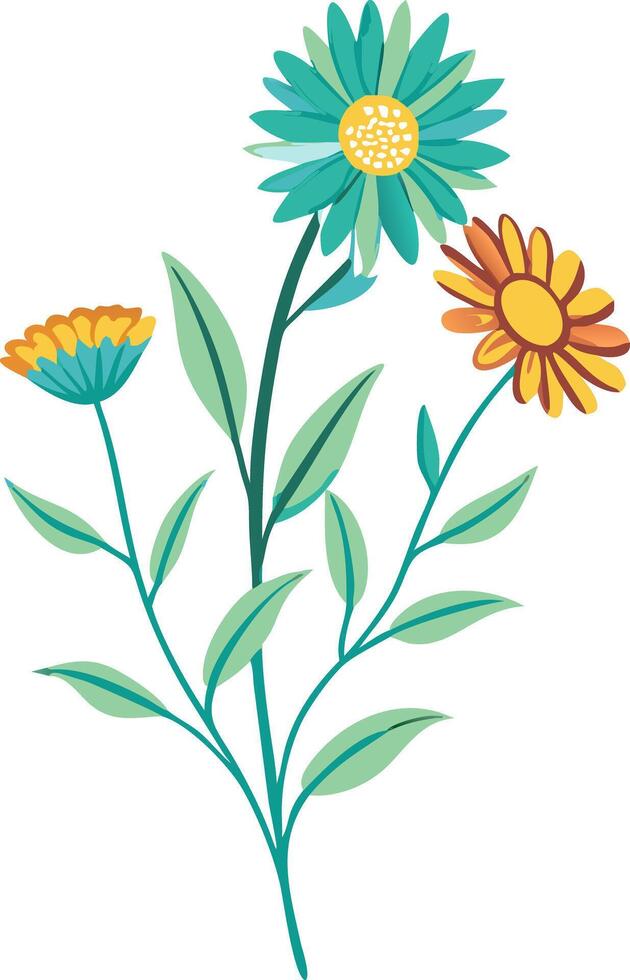 Colorful Floral Illustration with Blue Yellow and Orange Flowers vector