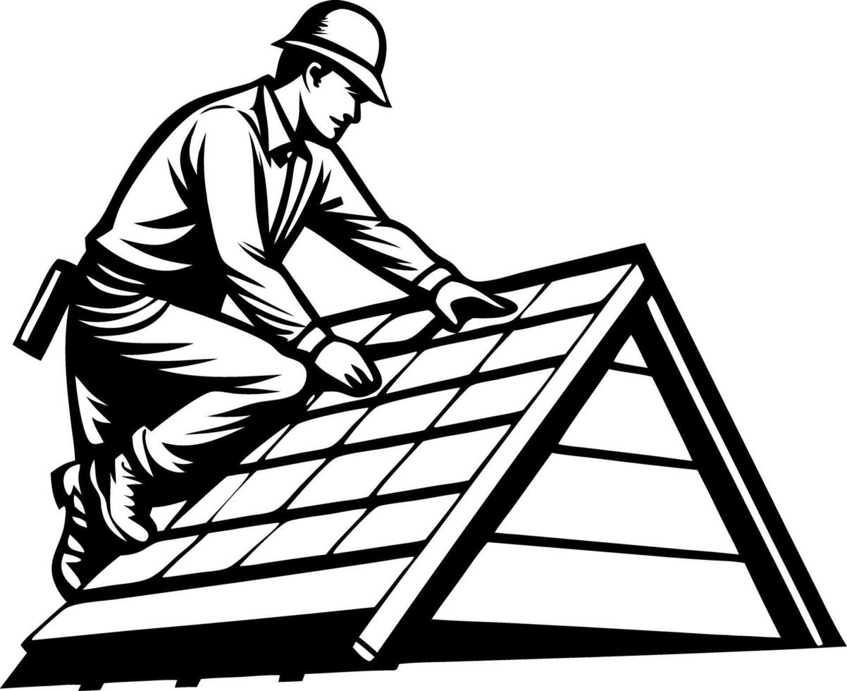 Construction Worker Installing Roof Tiles in Art Illustration vector