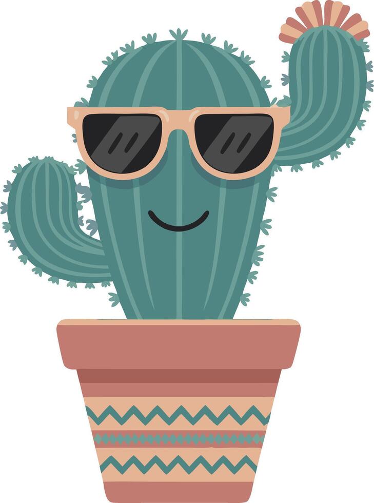 Cool Cactus with Sunglasses in Decorative Pot Cartoon Illustration vector