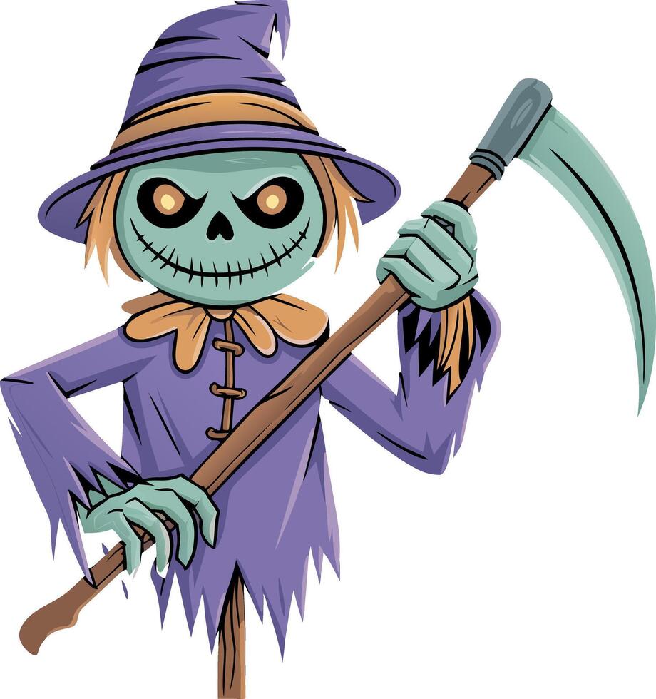Creepy Halloween Scarecrow Grim Reaper Illustration with Scythe vector