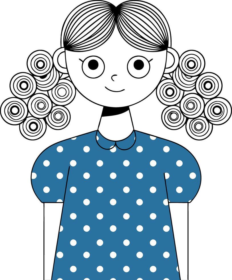 Cute Girl with Curly Hair in Blue Polka Dot Dress Illustration vector
