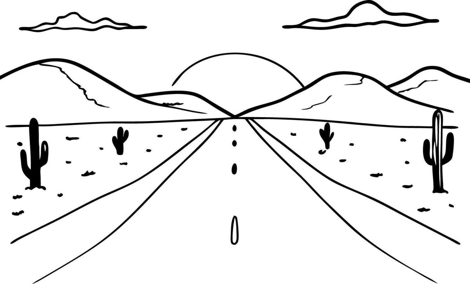 Desert Highway Sunset Illustration with Cactus and Mountain Landscape vector