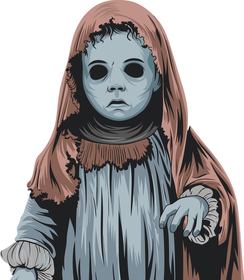 Eerie Masked Child in Hooded Cloak for Halloween Horror Theme Art vector