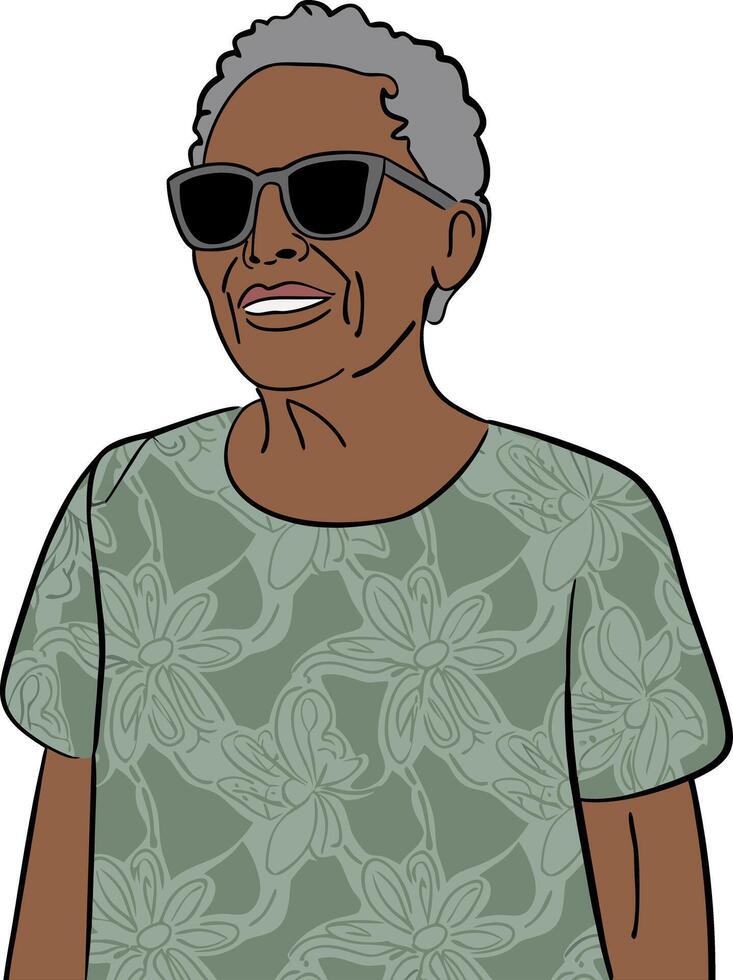 Elderly Woman Wearing Sunglasses Smiling in Patterned Shirt Art vector