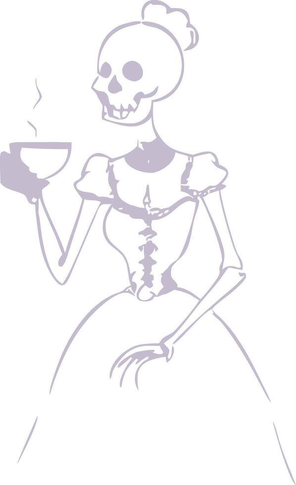 Elegant Skeleton Lady Enjoying a Cup of Tea in Timeless Dress Art vector