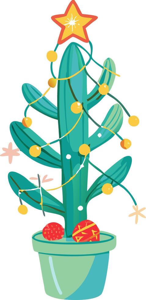 Festive Cactus Christmas Tree with Star and Lights in Colorful Pot Art vector