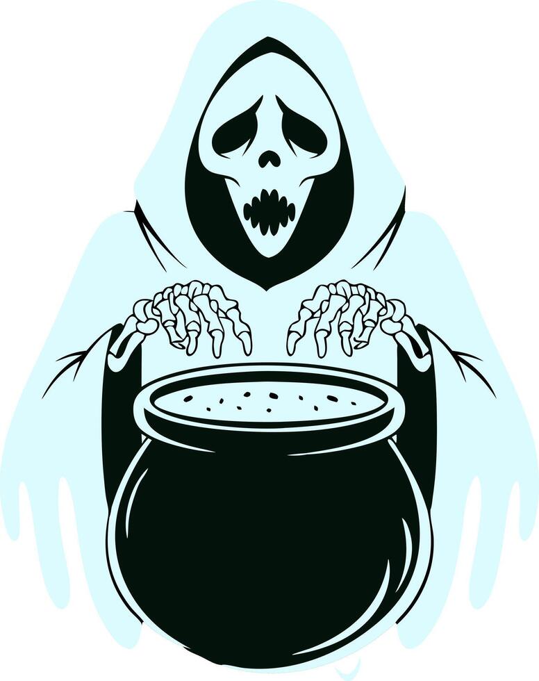 Grim Reaper with Cauldron Illustration for Halloween Designs vector