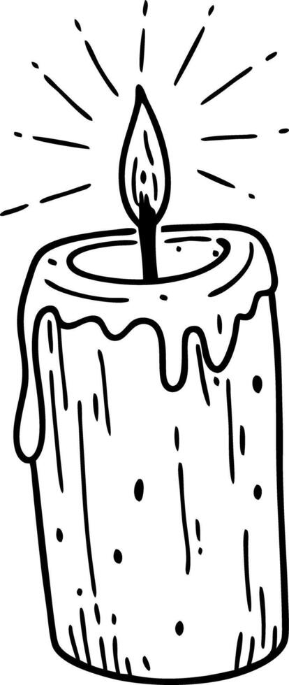 Hand Drawn Rustic Candle with Melting Wax and Glowing Flame Illustration vector