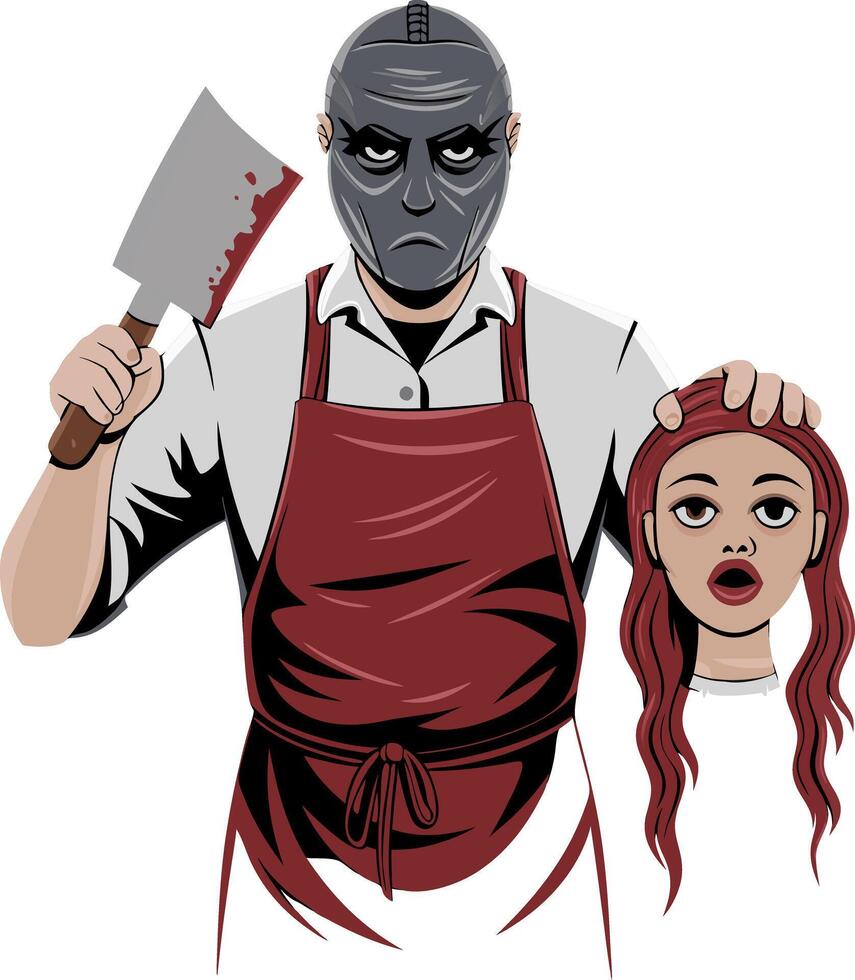 Masked Butcher Holding Severed Head and Bloody Cleaver Horror Illustration vector
