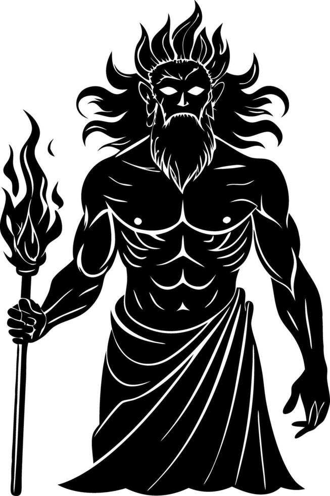 Mythical Fire God Silhouette Illustration with Torch and Flowing Beard vector