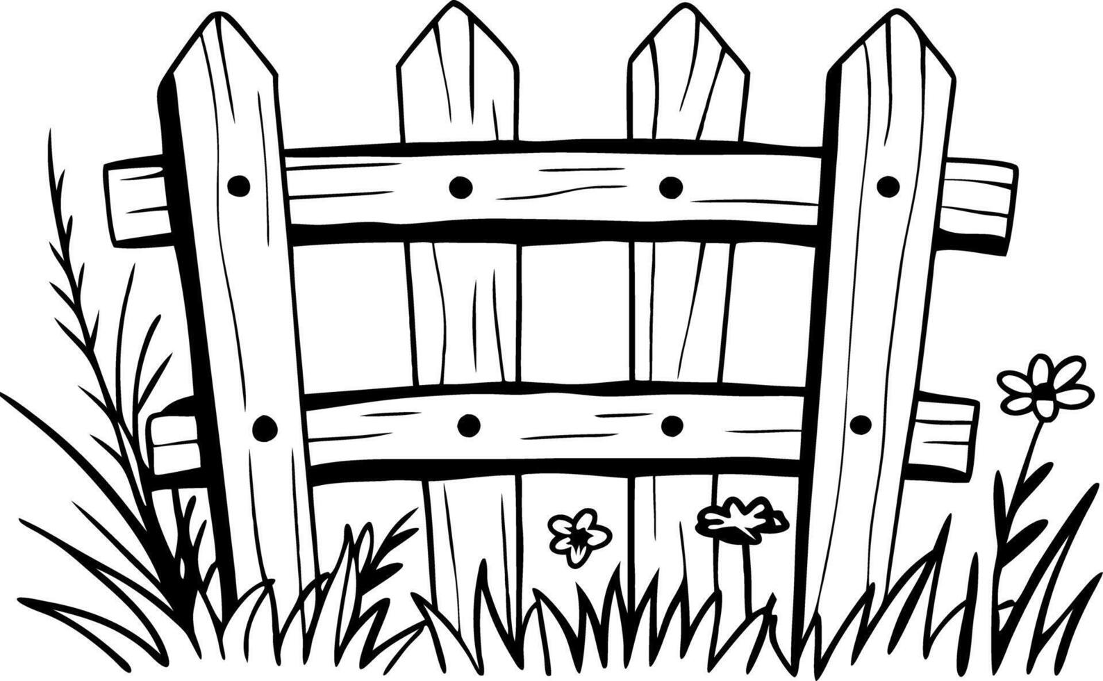 Rustic Wooden Fence with Wildflowers and Grass Illustration vector