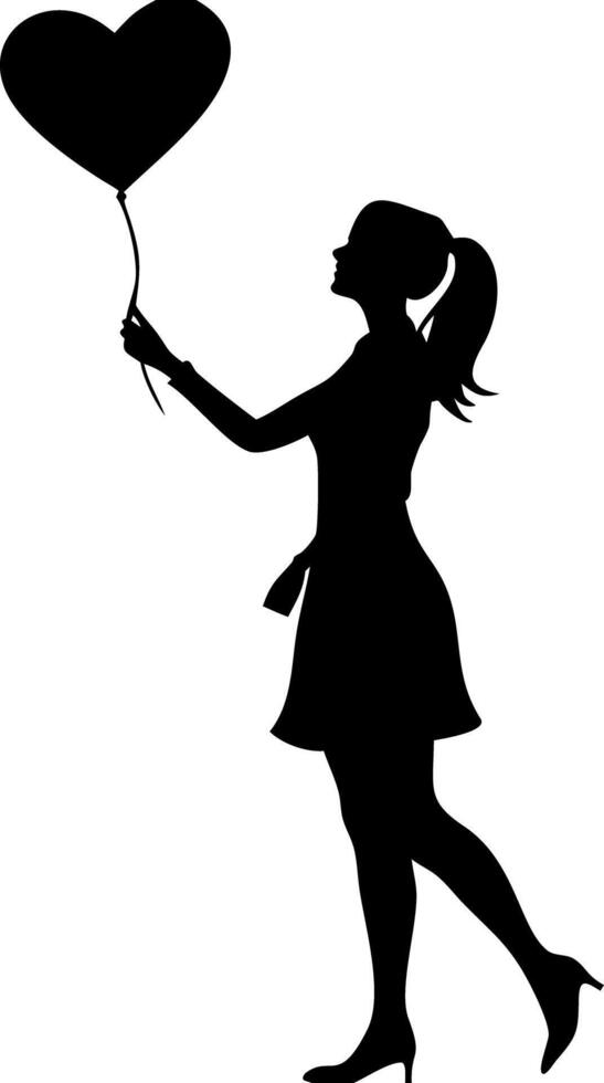 Silhouette of Woman Holding Heart Shaped Balloon Romance Hope Art vector