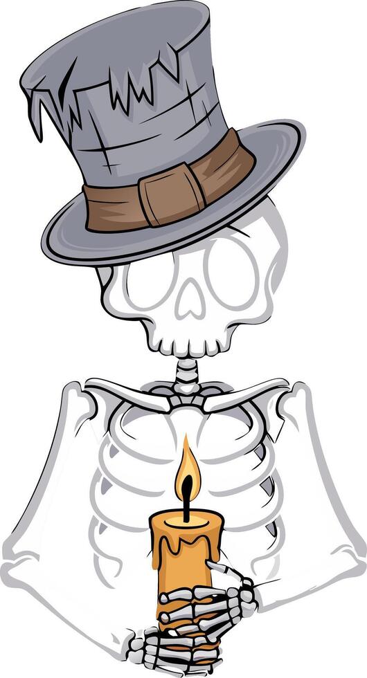 Skeleton Holding Candle Wearing Tattered Top Hat Art for Halloween Design vector