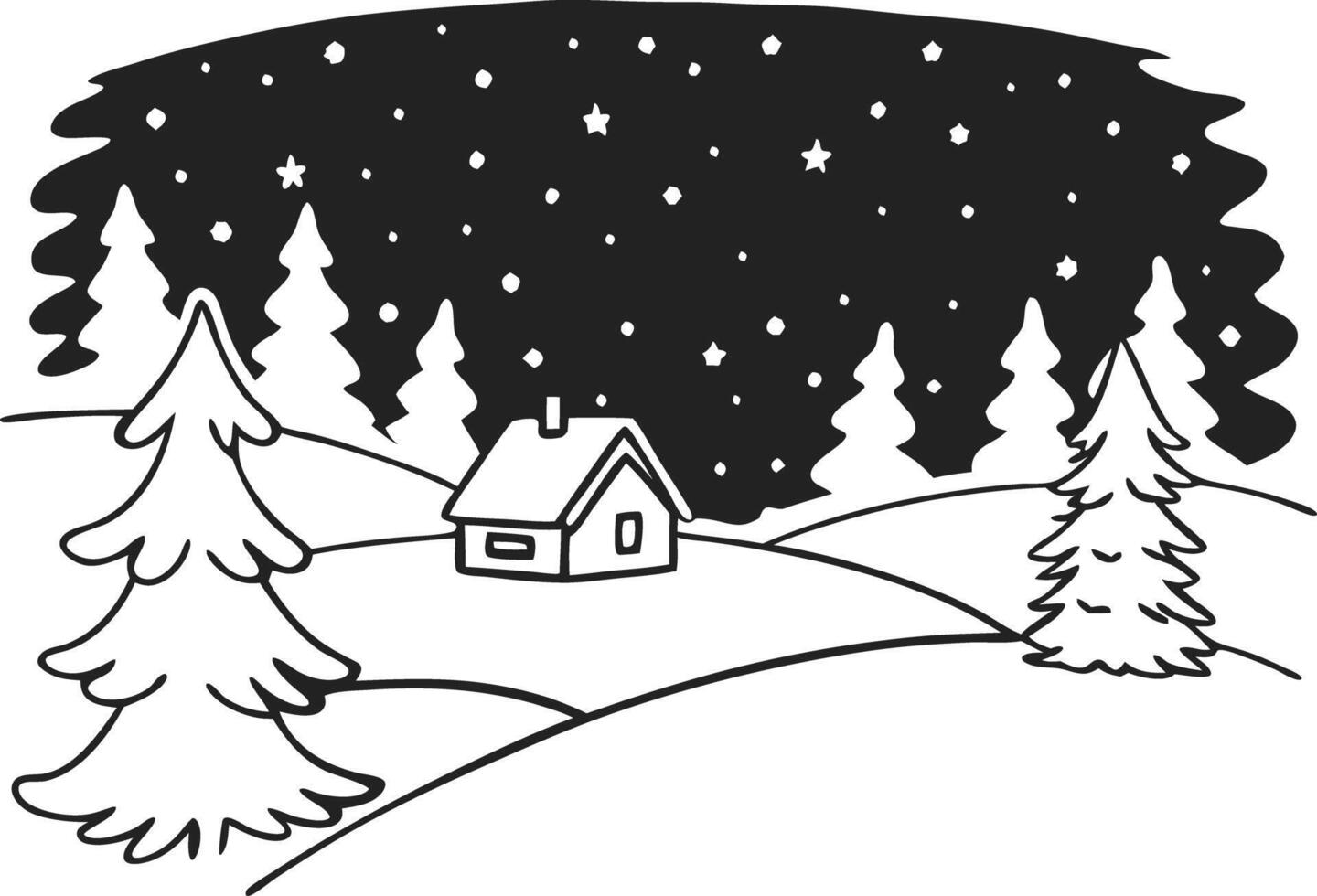 Snowy Winter Night Countryside Cabin with Pine Trees and Starry Sky vector