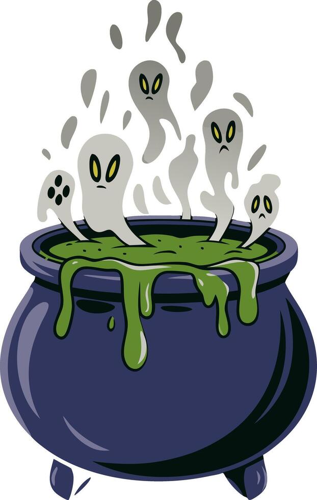 Spooky Halloween Cauldron with Ghostly Spirits and Green Potion vector