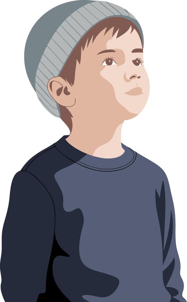 Thoughtful Young Boy in Beanie Gazing Upwards Illustration vector
