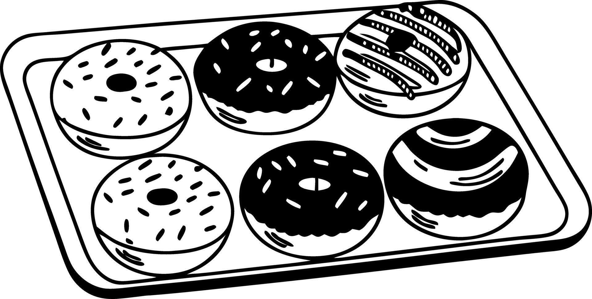 Illustration Assorted Donuts on Baking Tray in Monochrome Style vector