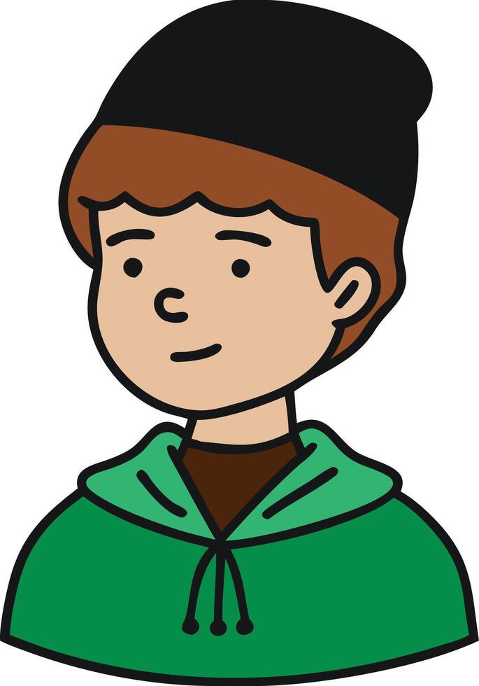 Illustration of Young Boy in Beanie and Green Hoodie Smiling Cartoon Style vector