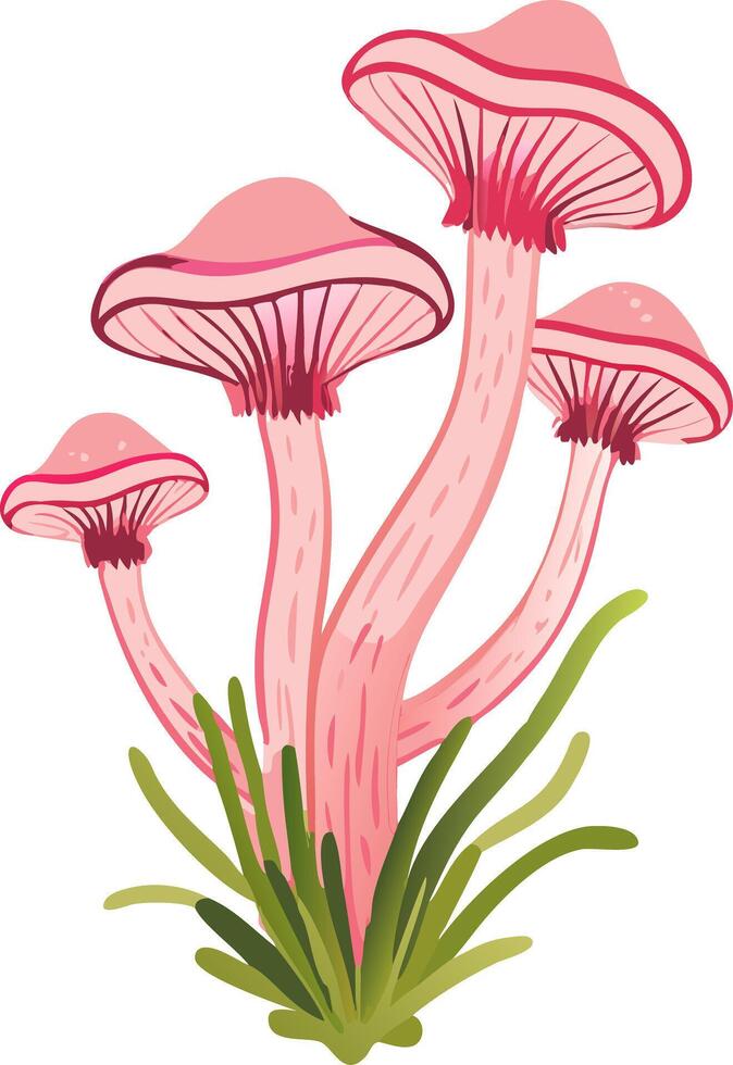 Vibrant Pink Mushrooms with Green Grass Illustration vector