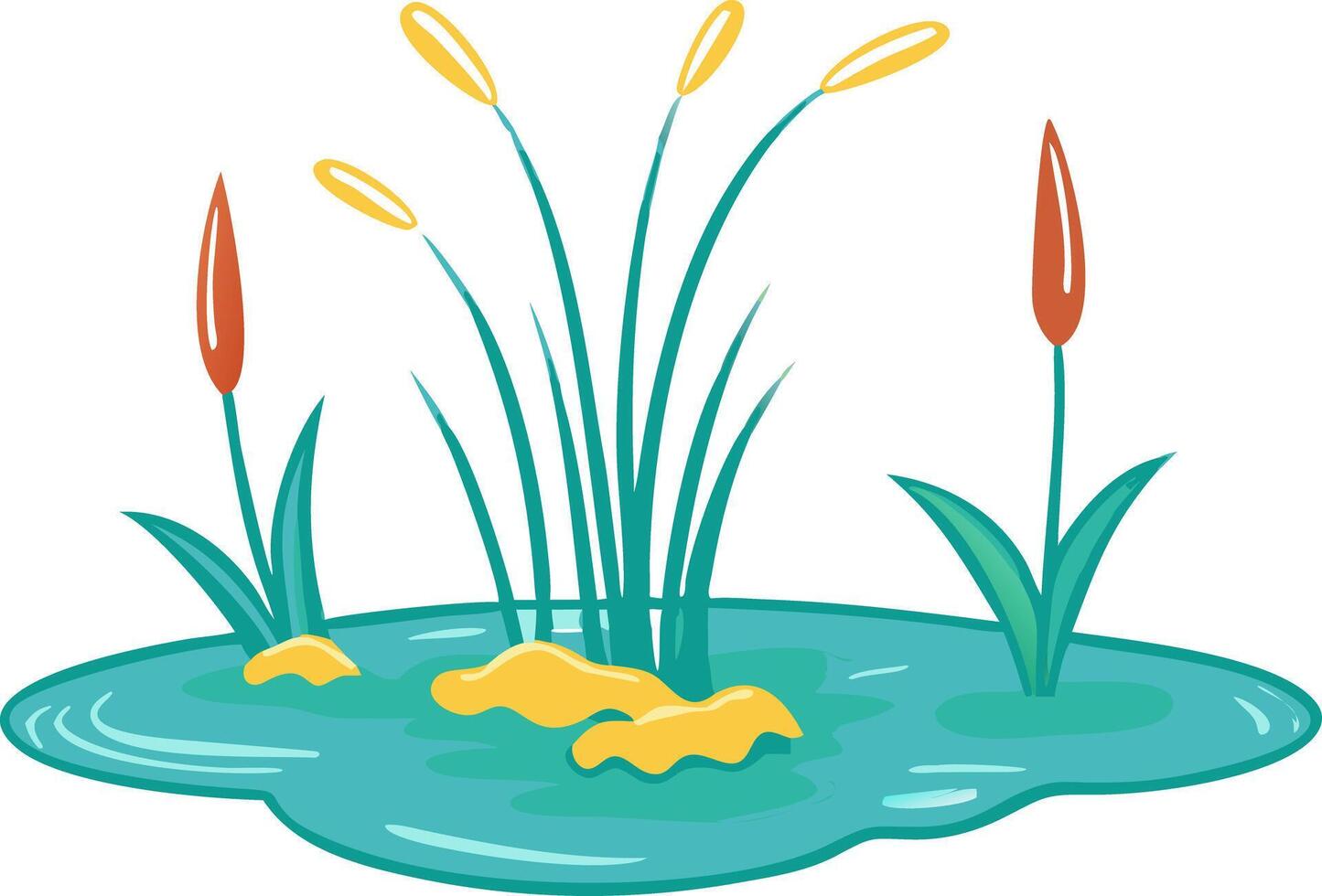 Vibrant Illustration of Aquatic Pond Plants with Cattails and Yellow Algae vector