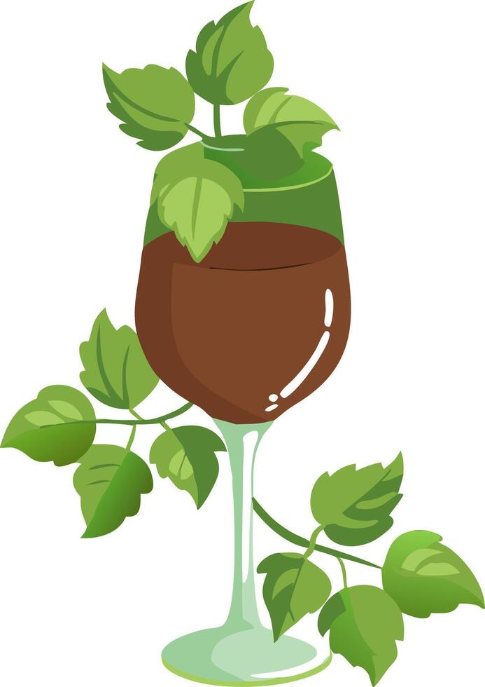 Wine Glass with Cascading Green Leaves Illustration for Nature and Beverages vector