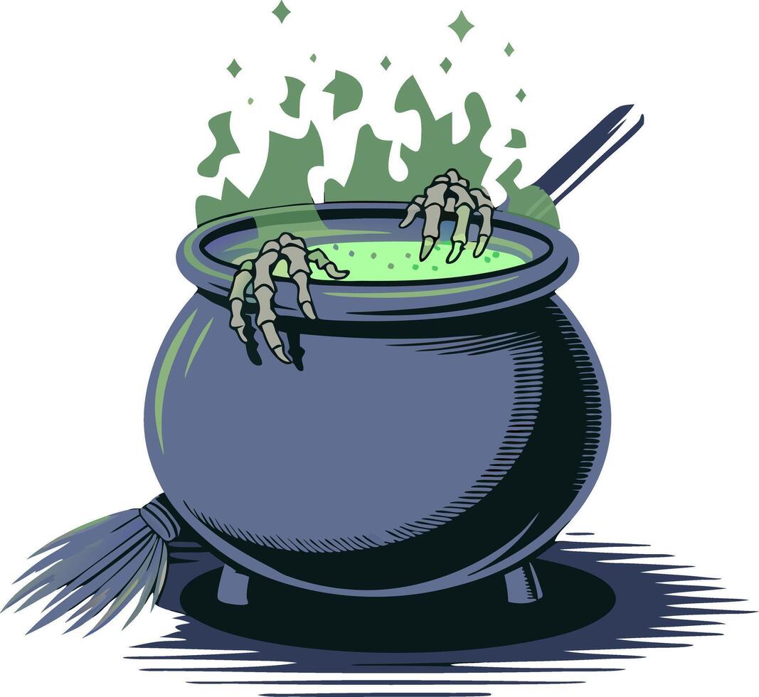 Witchy Cauldron with Skeleton Hands and Magical Green Potion Art vector