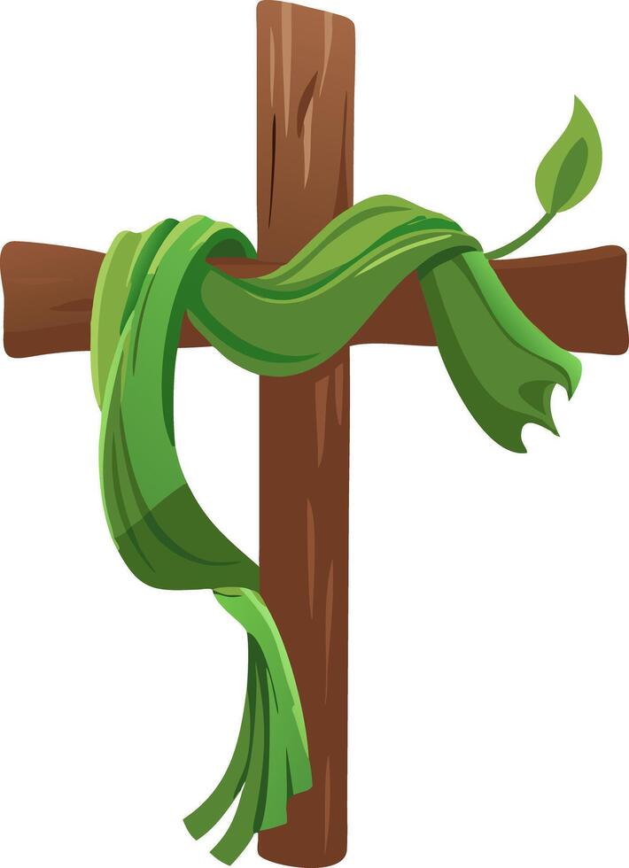 Wooden Cross with Green Leafy Vine Symbolizing Life and Renewal vector