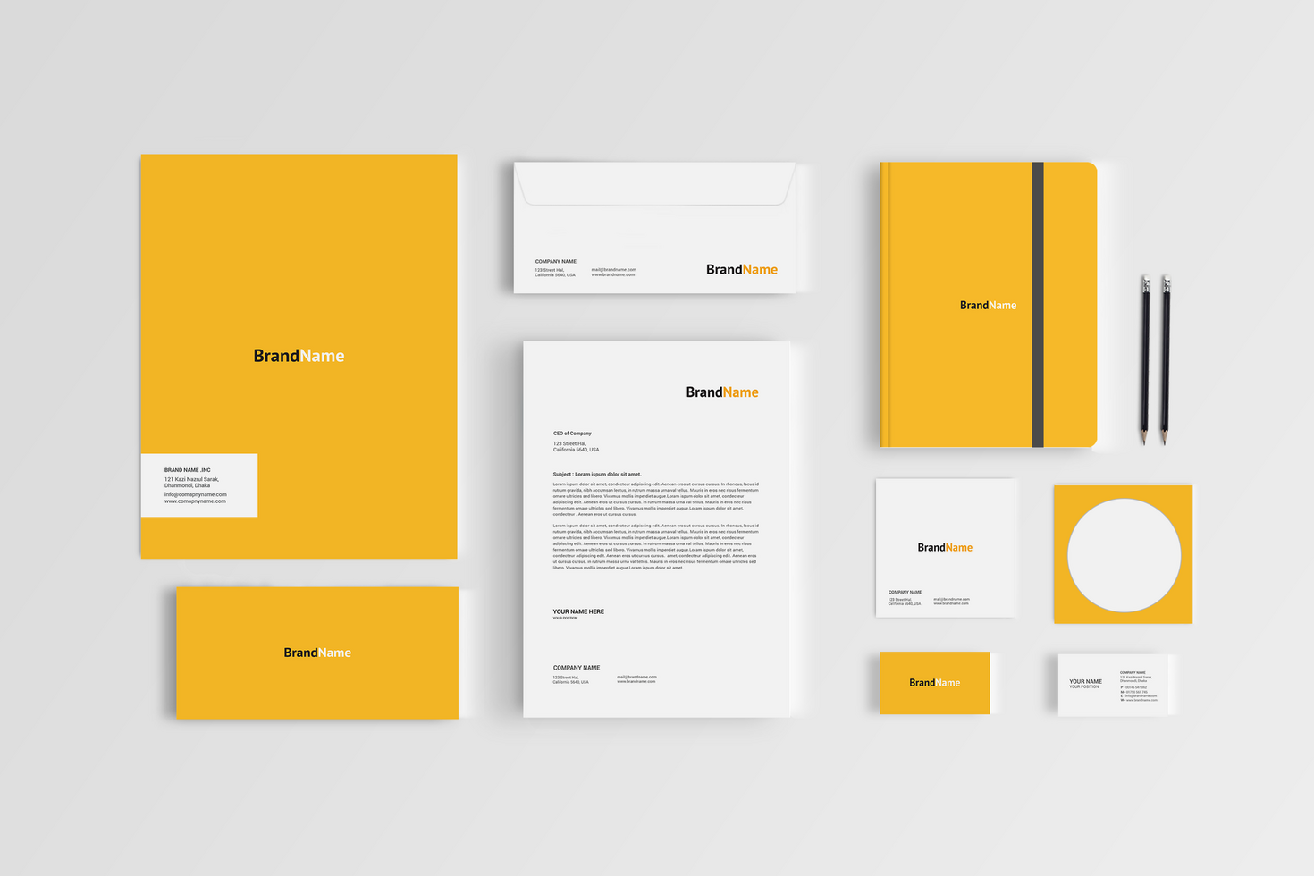 Folder Envelop Card Notebook Letterhead Stationary Mockup Front View psd