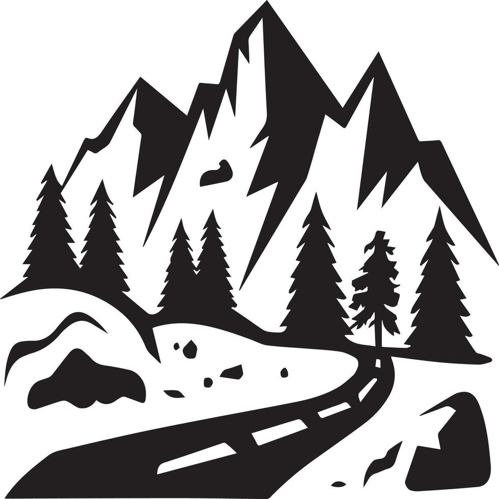 A black and white illustration of a road and trees vector