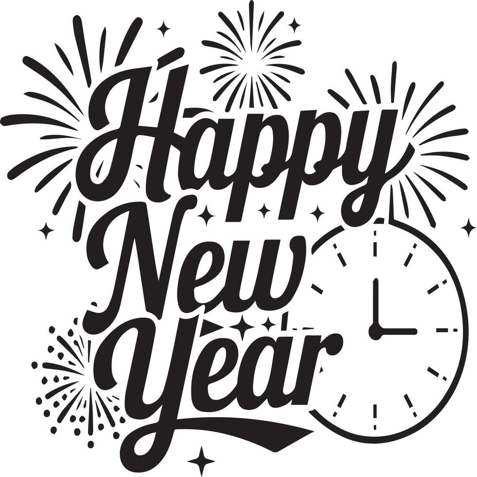 Happy new year lettering with clock and fireworks vector