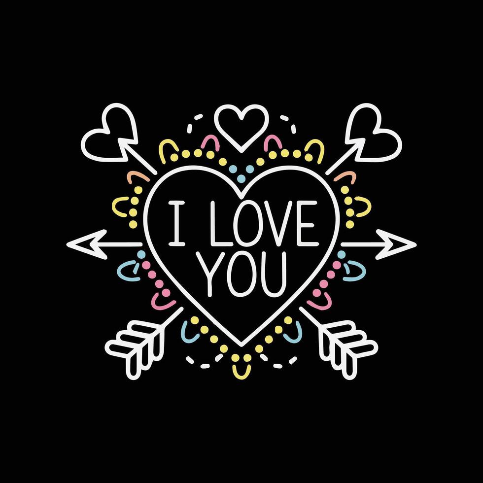 I love you lettering with arrows and hearts on a black background vector
