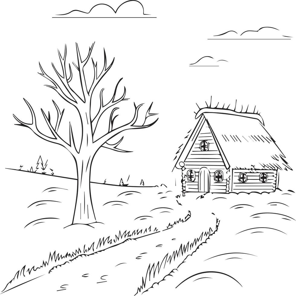 Winter landscape with a house and tree illustration vector