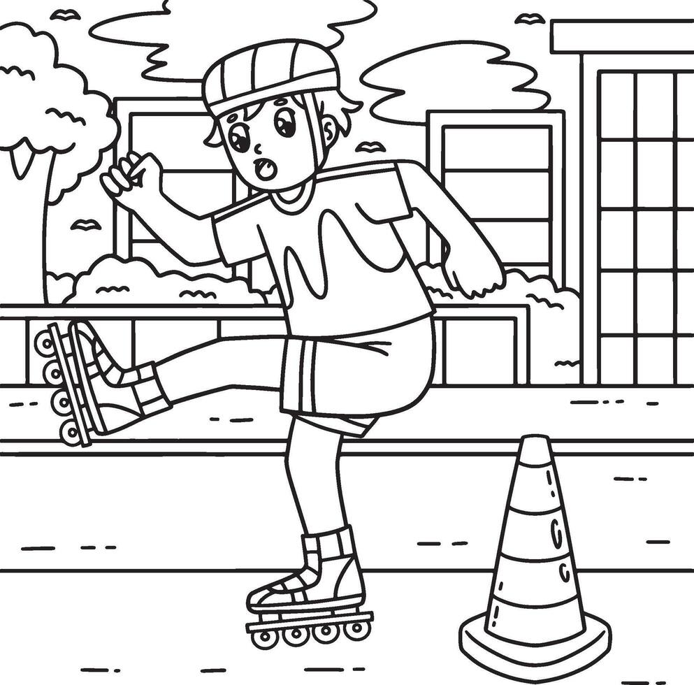 Inline Skater Avoiding Traffic Cone Coloring Page vector