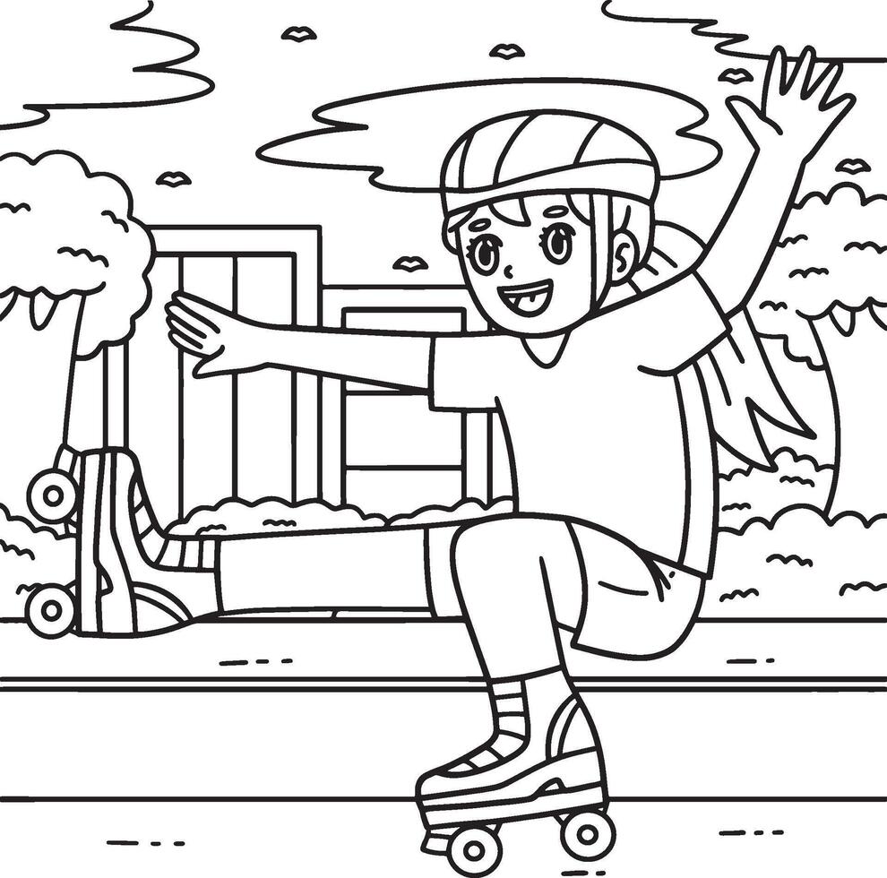 Roller Skating Girl on One Leg Coloring Page vector