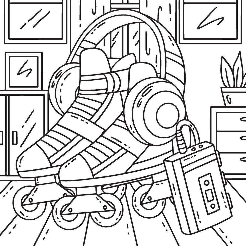 Roller Skates and Headphones Coloring Page vector