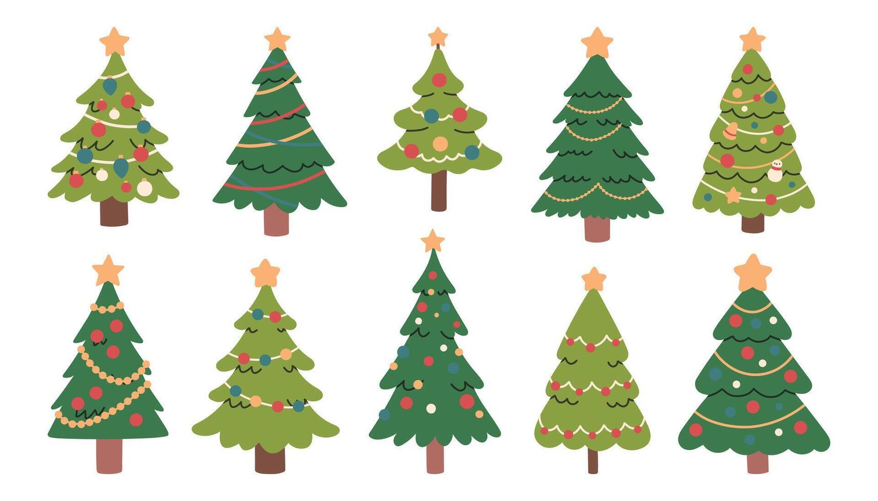 Simple Christmas tree set in cute flat cartoon style. Hand drawn New Year isolated fir trees with decoration, stars. Winter holiday cute illustration. Christmas tree collection. vector