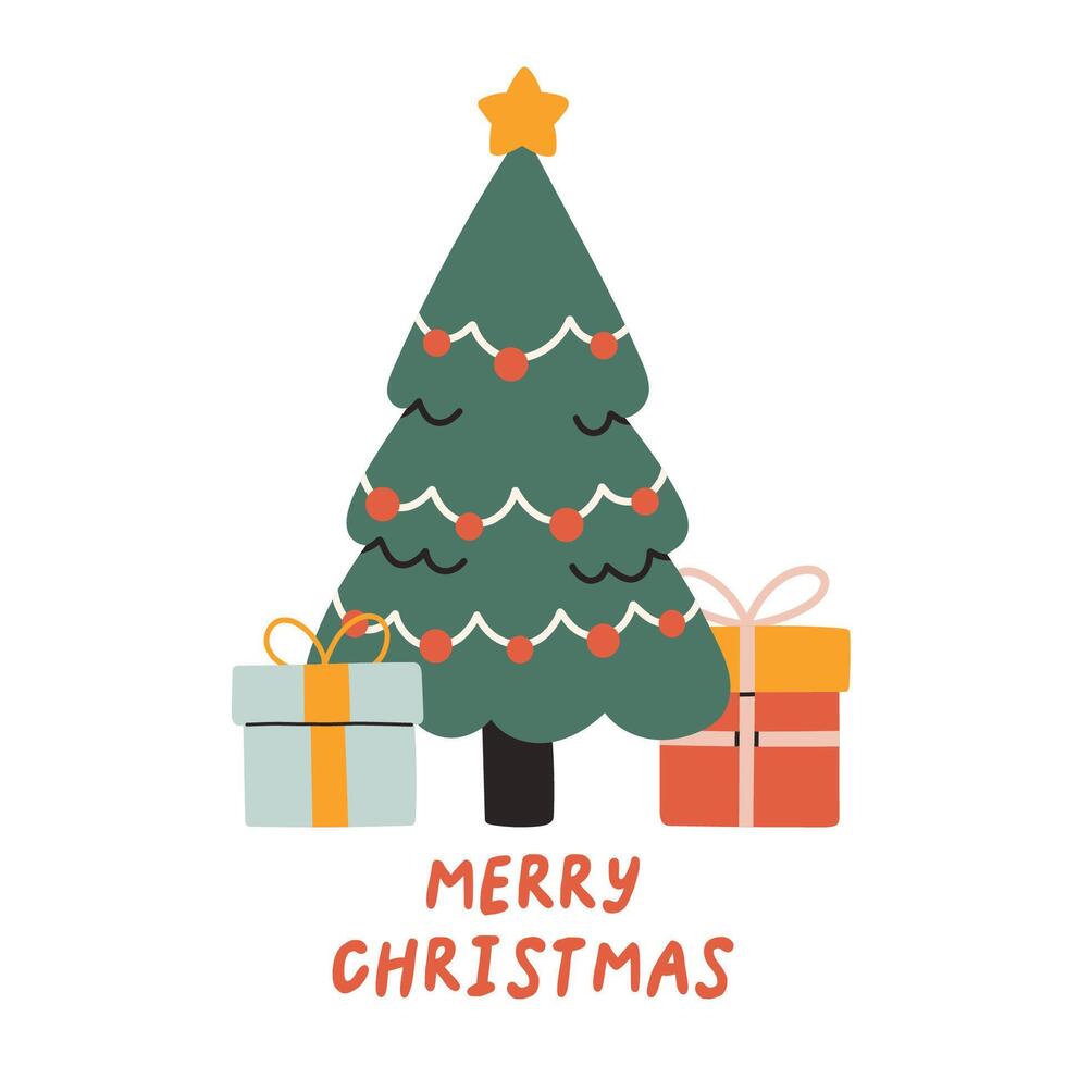 Merry Christmas simple card on white background with hand written text. Christmas tree flat design for poster, card, sticker. vector