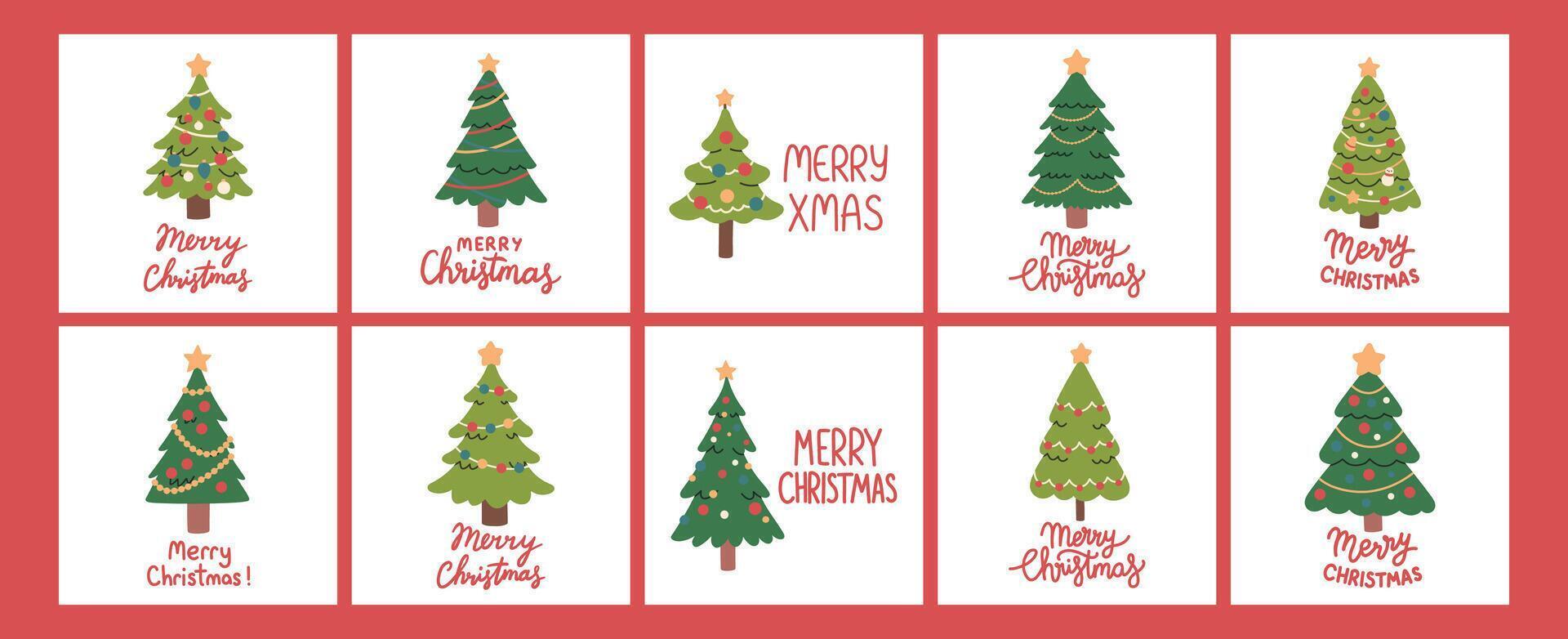 Christmas tree card set on white background with hand written text. Simple Christmas tree flat design with decoration. vector