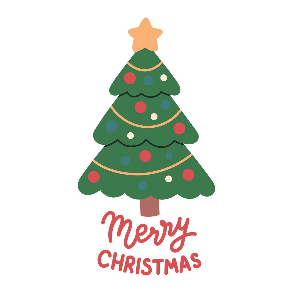 Merry Christmas simple card on white background with hand written text. Cute Christmas tree with christmas balls. Flat christmas tree illustration vector
